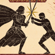 Luke Skywalker duels Darth Vader in an illustration for The Odyssey of Star Wars cover in the art style of ancient Greek pottery.